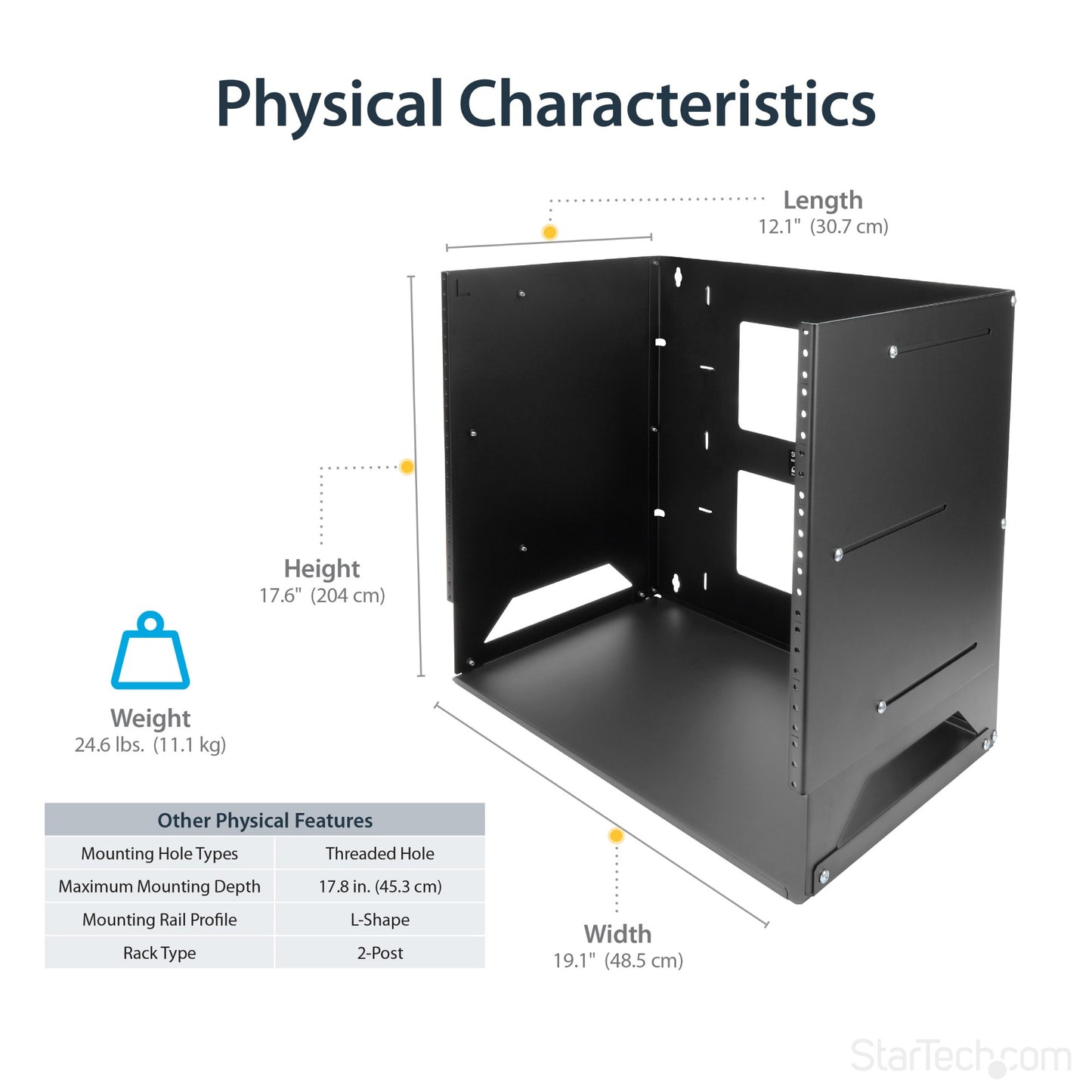 StarTech.com 2-Post 8U Open Frame Wall Mount Network Rack with Built-in Shelf, Wall