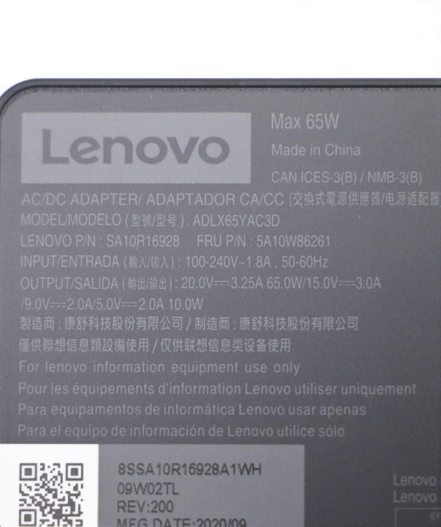Lenovo 5A10W86261 power adapter/inverter Indoor 65 W Black Charger