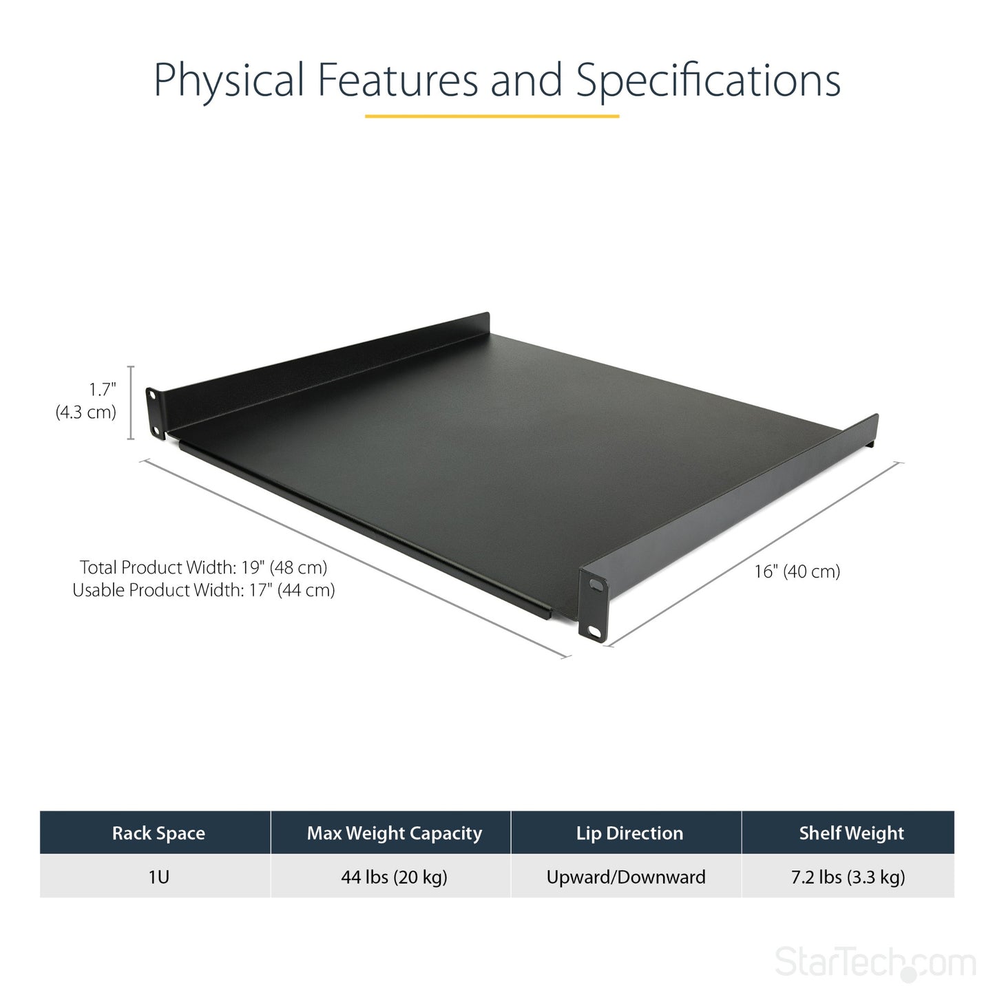 StarTech.com 1U Server Rack Shelf - Universal Rack Mount Cantilever Shelf for 19" (HELF116)