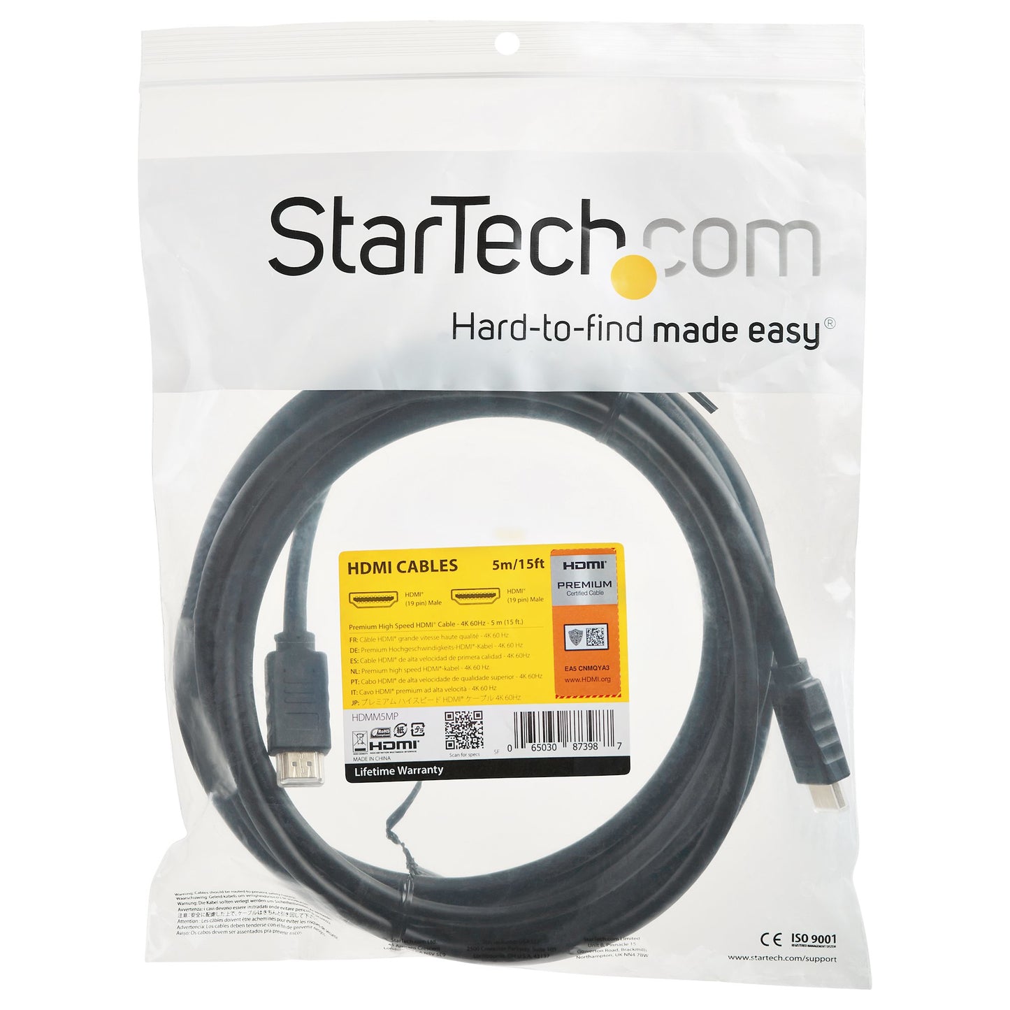 StarTech.com 15ft (5m) Premium Certified HDMI 2.0 Cable with Ethernet - High Speed