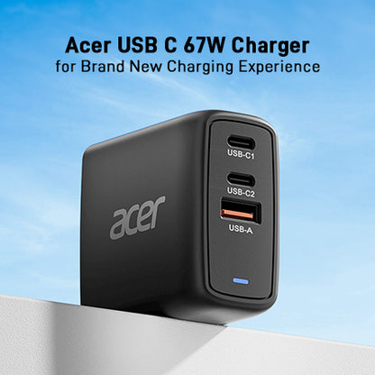 Acer 67W PD Charger, USB Port: 2C+1A, UK Plug, 100W USB-C Cable, Black