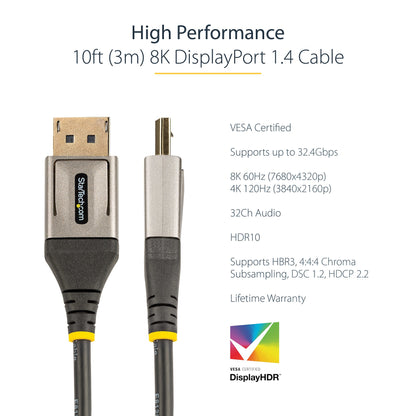 StarTech.com 10ft (3m) VESA Certified DisplayPort 1.4 Cable - 8K 60Hz HDR10 - Ultra