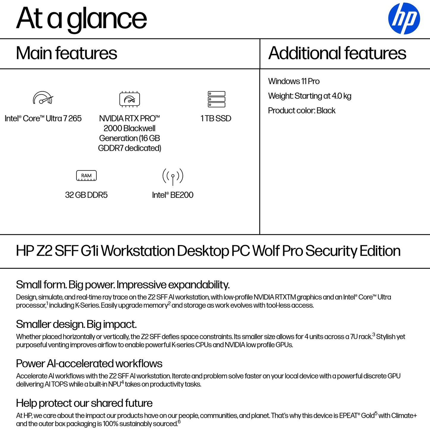 HP Z2 Core Ultra 7 265 32GB 1TB SSD NVIDIA RTX Pro 2000 Blackwell SFF Desktop PC