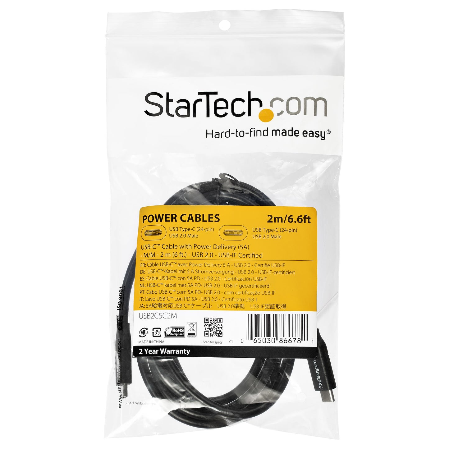 StarTech.com 6.6ft (2m) USB-C Fast Charging Cable, Charge & Sync, 100W (5A) PD, USB (Black)