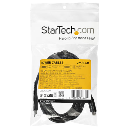 StarTech.com 6.6ft (2m) USB-C Fast Charging Cable, Charge & Sync, 100W (5A) PD, USB (Black)