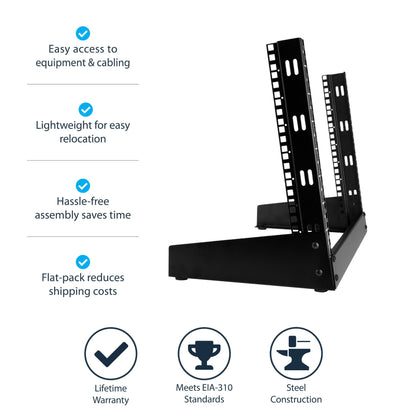 StarTech.com 2-Post 8U Desktop Server Rack, Small Open Frame 19in Computer Rack