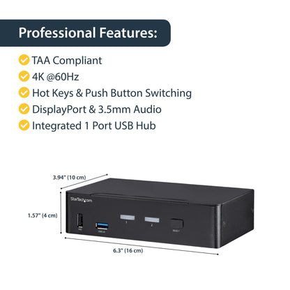 StarTech.com 2 Port DisplayPort KVM Switch - 4K 60Hz - Single Display - Dual Port