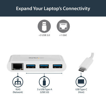 StarTech.com 3-Port USB-C Hub with Gigabit Ethernet - USB-C to 3x USB-A - USB 3.0 Network Adapter