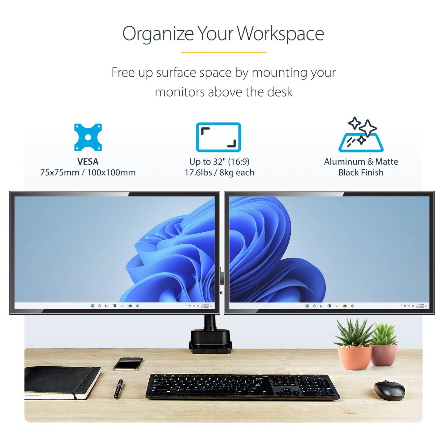 StarTech.com Desk Mount Dual Monitor Arm, Full Motion Monitor Mount for 2x VESA