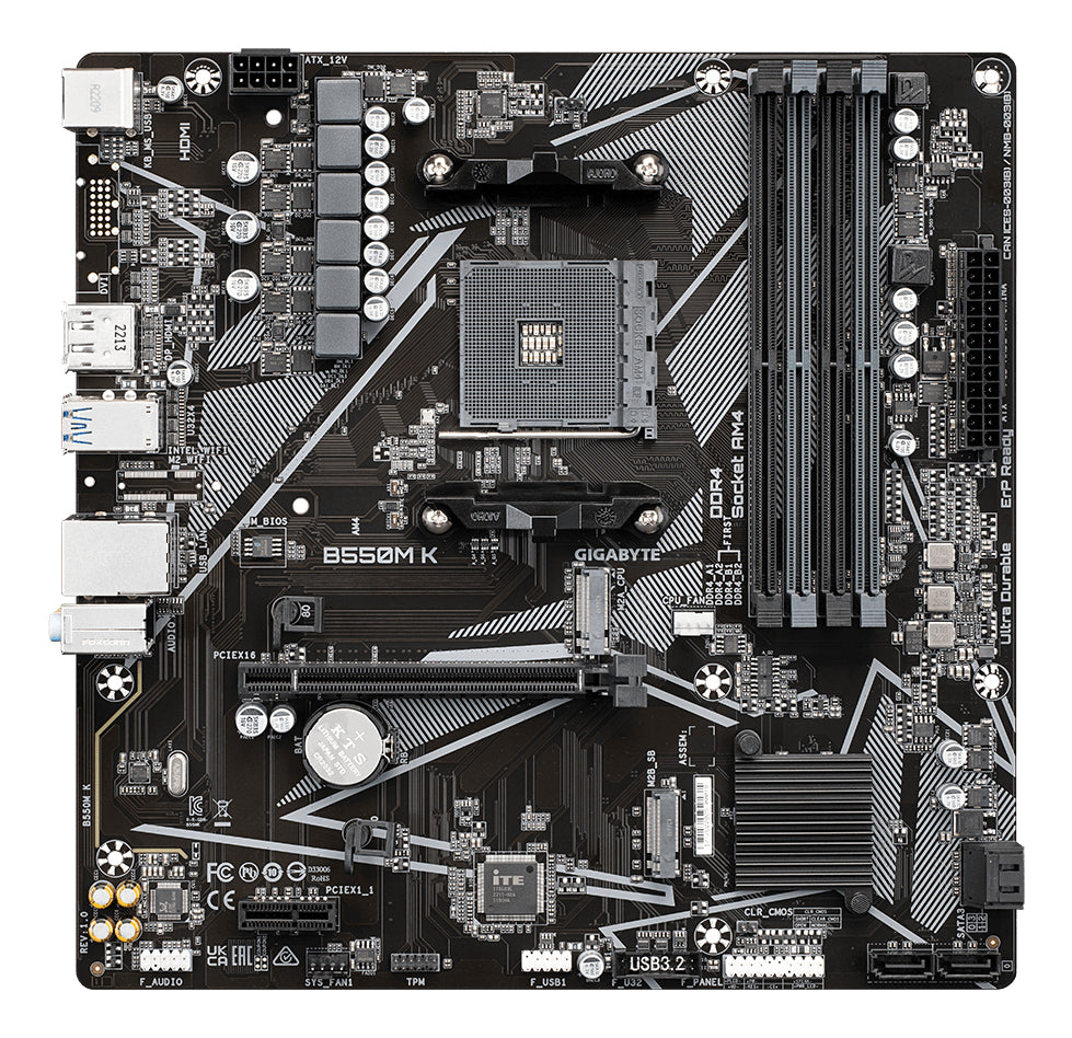Gigabyte B550M K Motherboard - AMD Ryzen 5000 CPUs, up to 4733MHz DDR4, 1xPCIe 4.0 +
