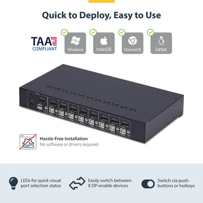 StarTech.com 8-Port DisplayPort KVM Switch with 1U Rack Mount Kit, 4K 60Hz DP 1.2