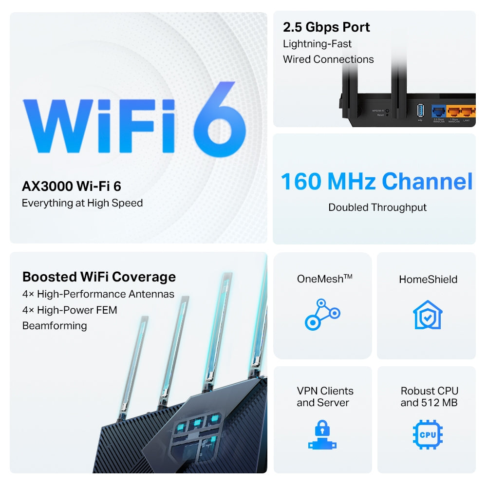 TP-LINK Archer AX3000 Multi-Gigabit Wi-Fi 6 Router with 2.5G Port WiFi 6 Networking