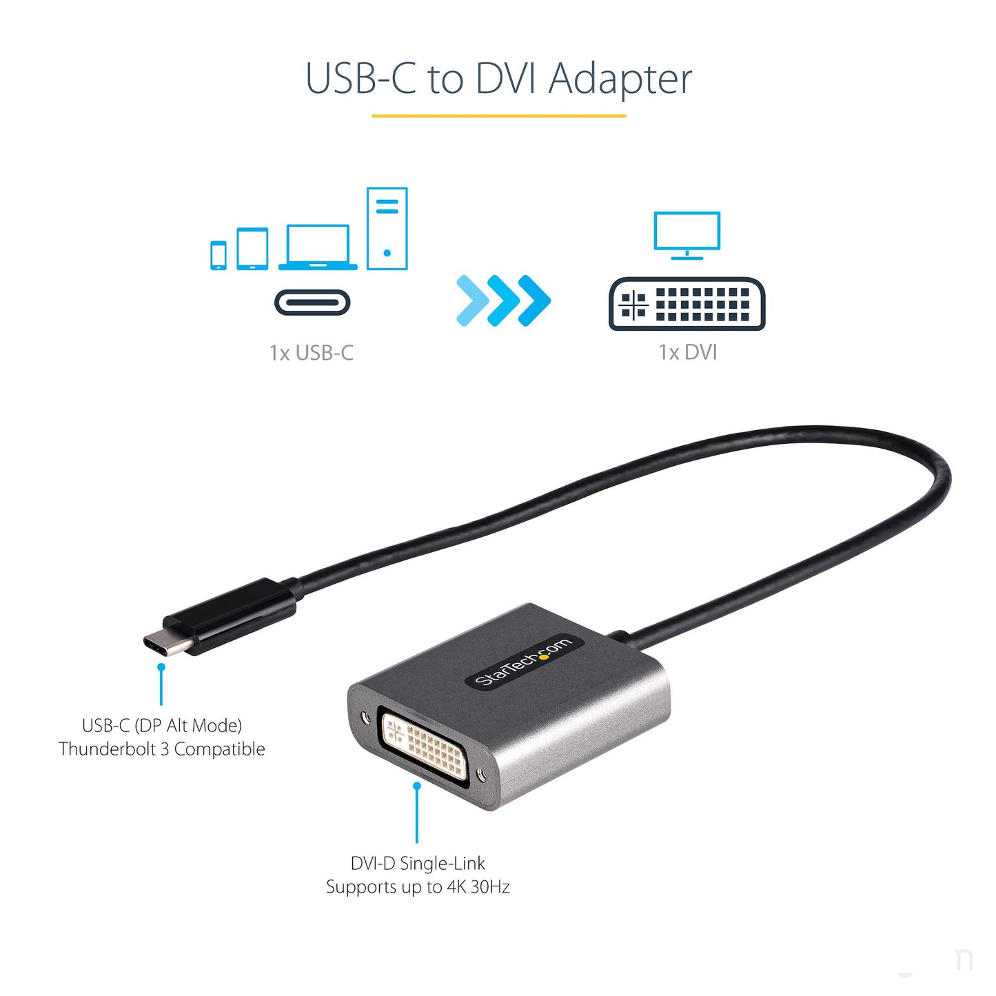 StarTech.com USB C to DVI Adapter - 1920x1200p USB-C to DVI-D Adapter Dongle - USB Hub