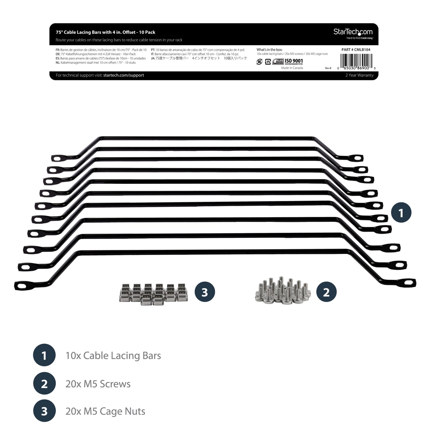 StarTech.com 10-Pack Horizontal Lacing Bar with 4in (10.2cm) Offset at 75 Degrees Rack
