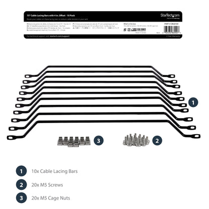 StarTech.com 10-Pack Horizontal Lacing Bar with 4in (10.2cm) Offset at 75 Degrees Rack