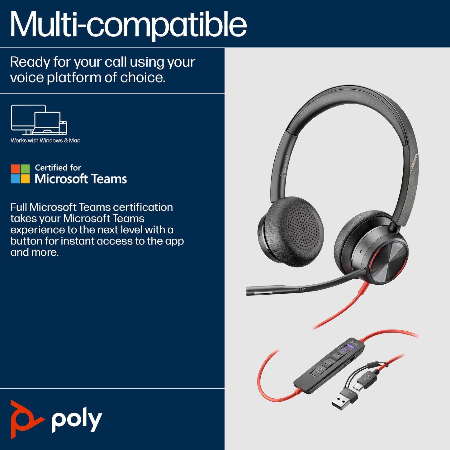 HP Poly Blackwire 8225 Stereo Microsoft Teams Certified USB-C Headset +USB-C/A