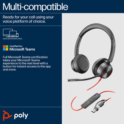 HP Poly Blackwire 8225 Stereo Microsoft Teams Certified USB-C Headset +USB-C/A