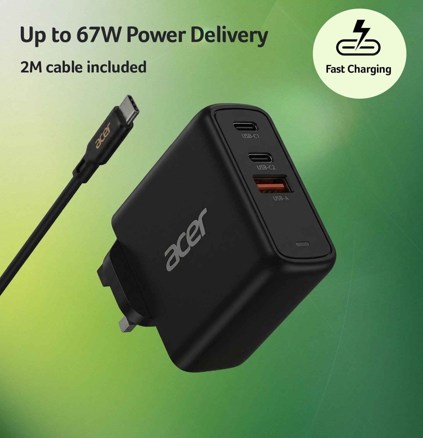Acer 67W PD Charger, USB Port: 2C+1A, UK Plug, 100W USB-C Cable, Black