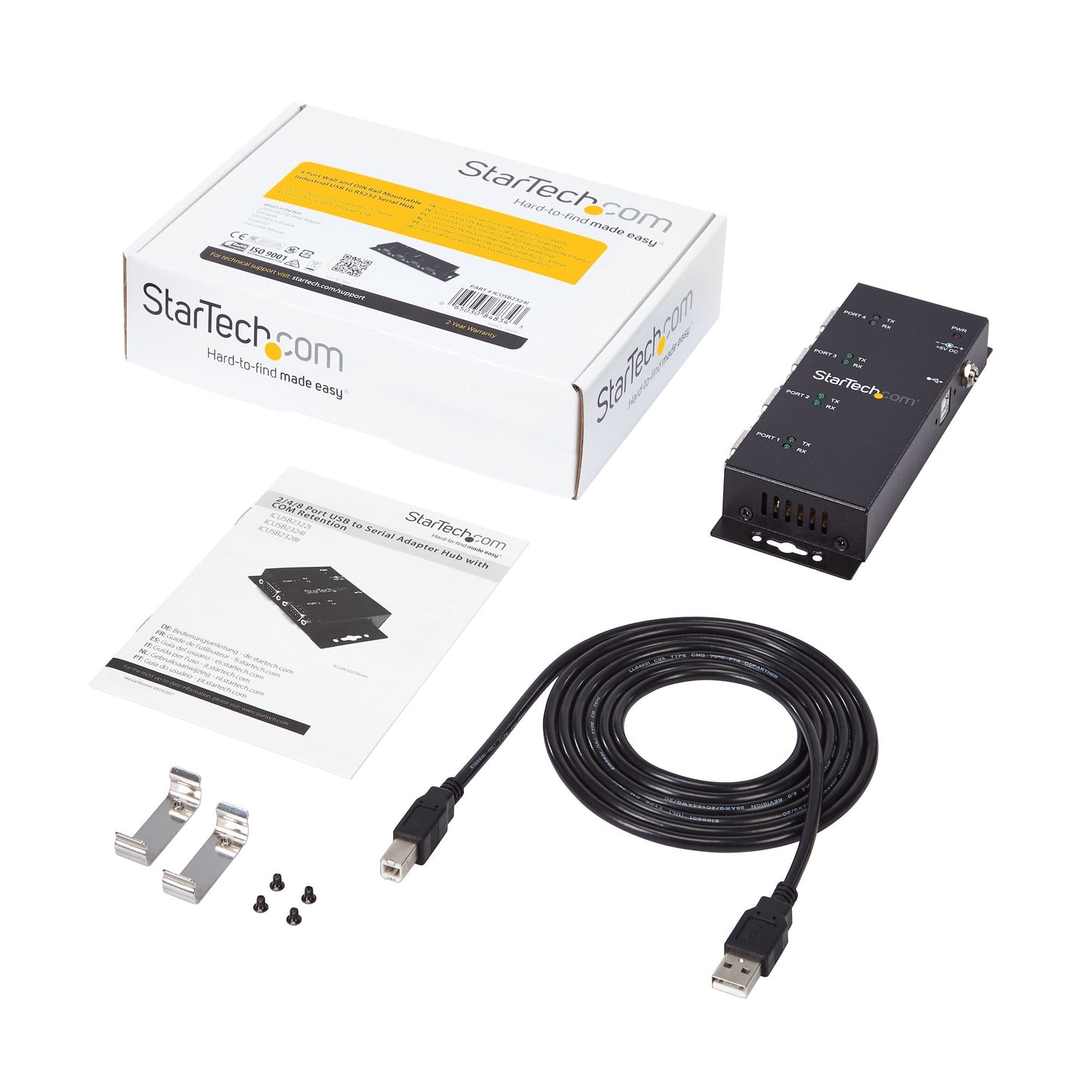 StarTech.com 4 Port USB to DB9 RS232 Serial Adapter Hub – Industrial DIN Rail and