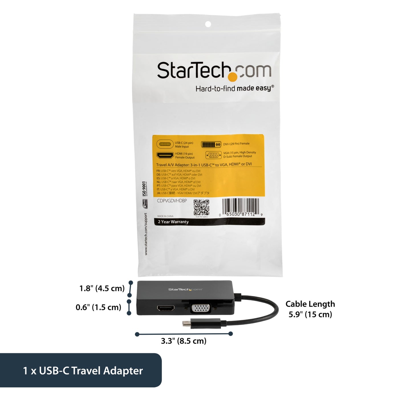 StarTech.com USB-C Multiport Video Adapter - 3-in-1 - 4K 30Hz - Black Hub