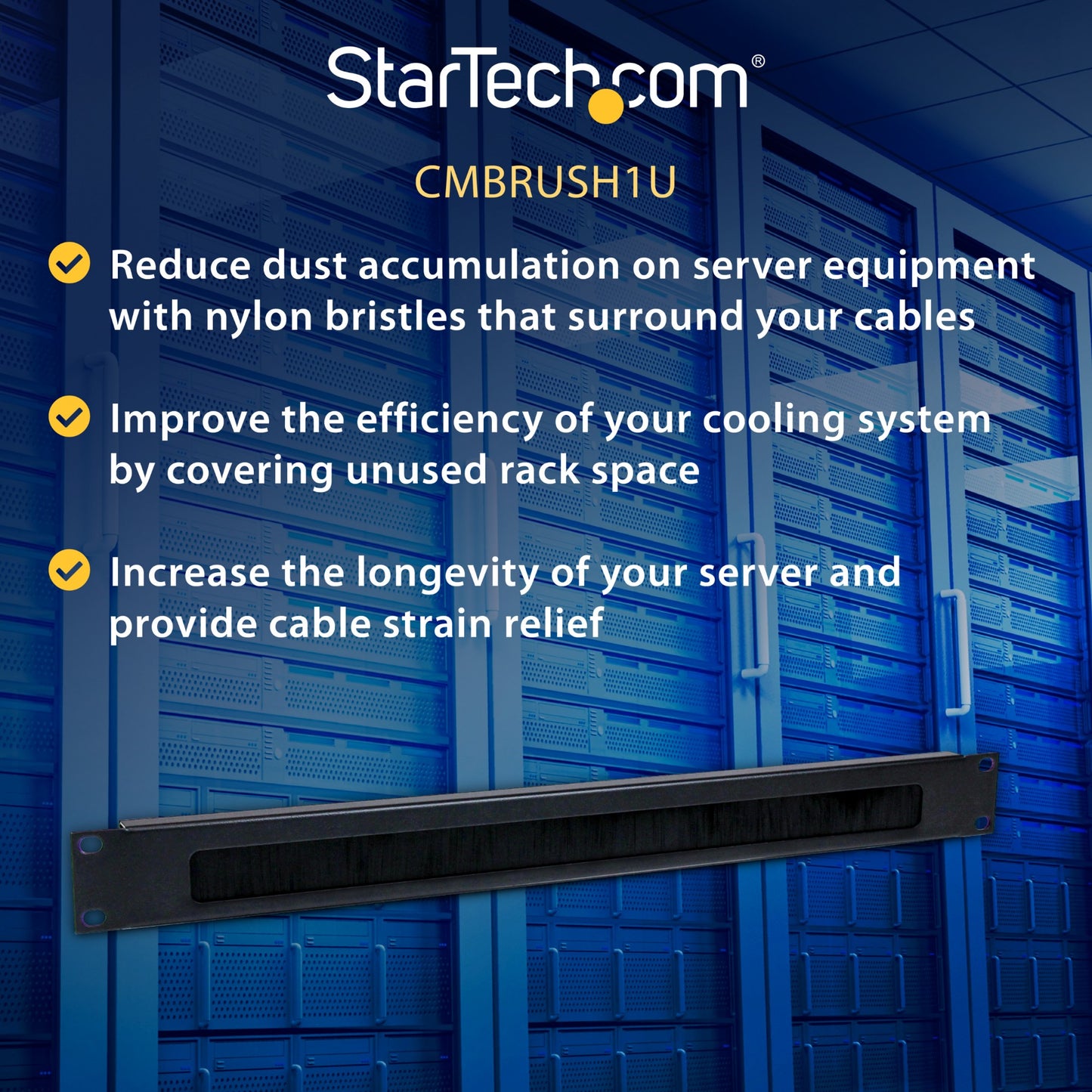 StarTech.com 1U High-density Brush Strip Cable Management Panel, Sturdy Steel Rack