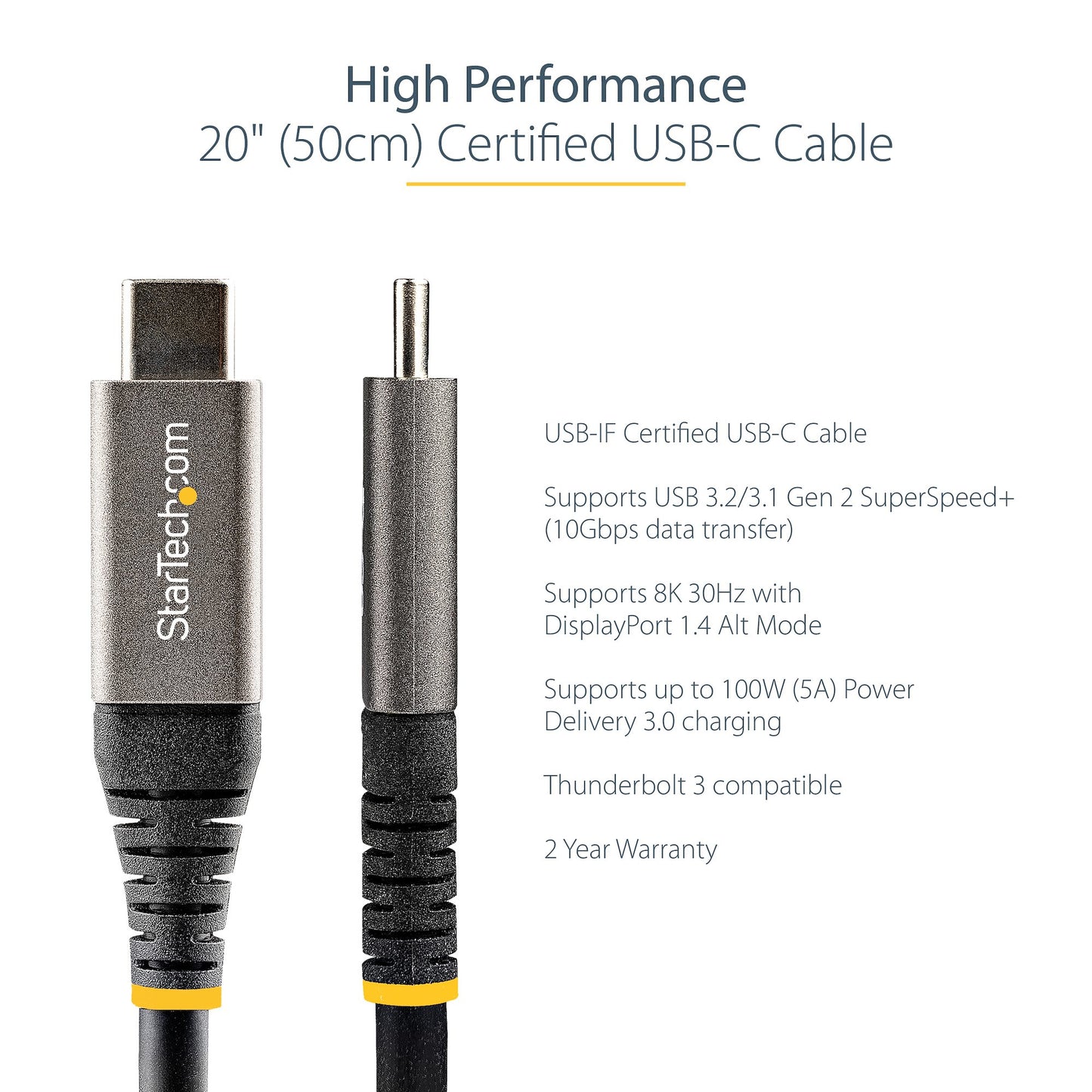 StarTech.com 1.6ft (50cm) USB-C Cable, USB 10Gbps, 100W (5A) Power Delivery, 8K 60Hz