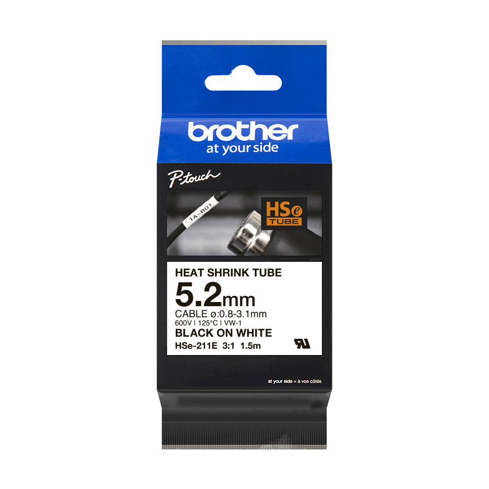 Brother HSE-211E Heat Shrink Tubes black on white 5,2mm x 1,5m for Brother P-Touch Labels
