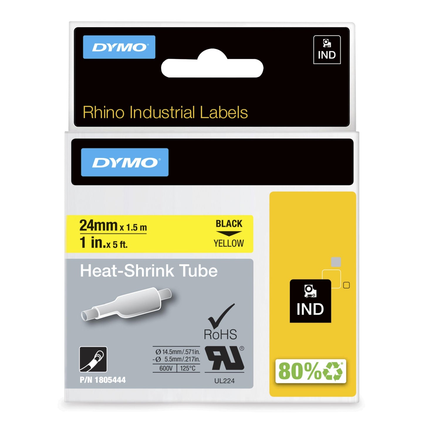 DYMO Rhino Industrial Heat-Shrink Cable Label Tubes | 24 mm x 1.5 m | Black Print on Labels