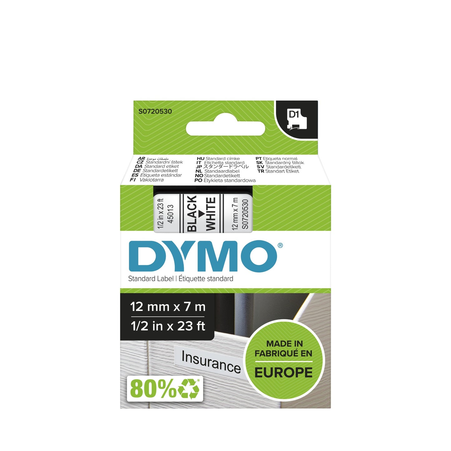DYMO 45013/S0720530 DirectLabel-etikettes black on white 12mm x 7m for Dymo D1 Labels