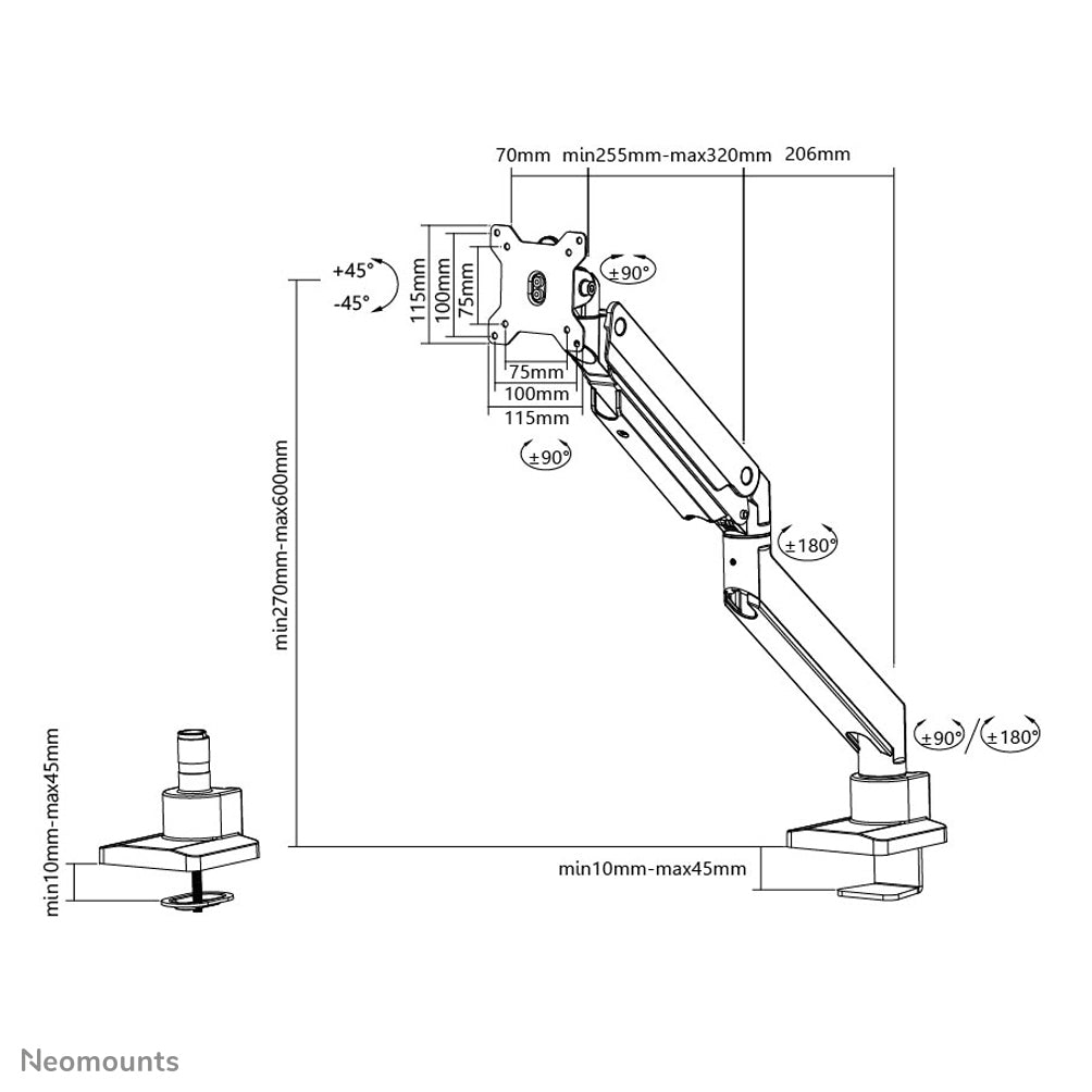 Neomounts NM-D775BLACKPLUS Monitor arm 10-49" - gas spring - Topfix - 180°-stop