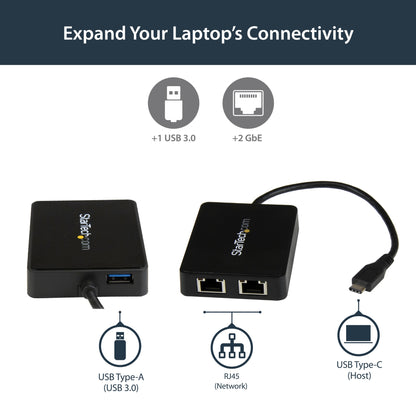 StarTech.com USB-C to Dual Gigabit Ethernet Adapter with USB 3.0 (Type-A) Port, USB