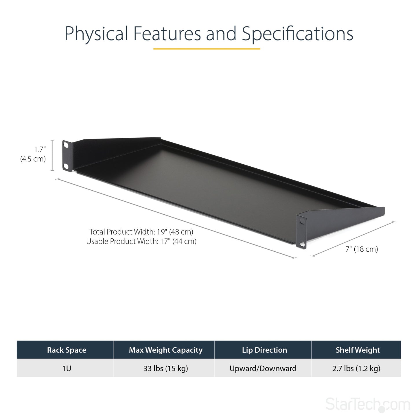 StarTech.com 1U Server Rack Shelf, Universal Rack Mount Cantilever Tray for 19"