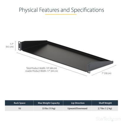 StarTech.com 1U Server Rack Shelf, Universal Rack Mount Cantilever Tray for 19"