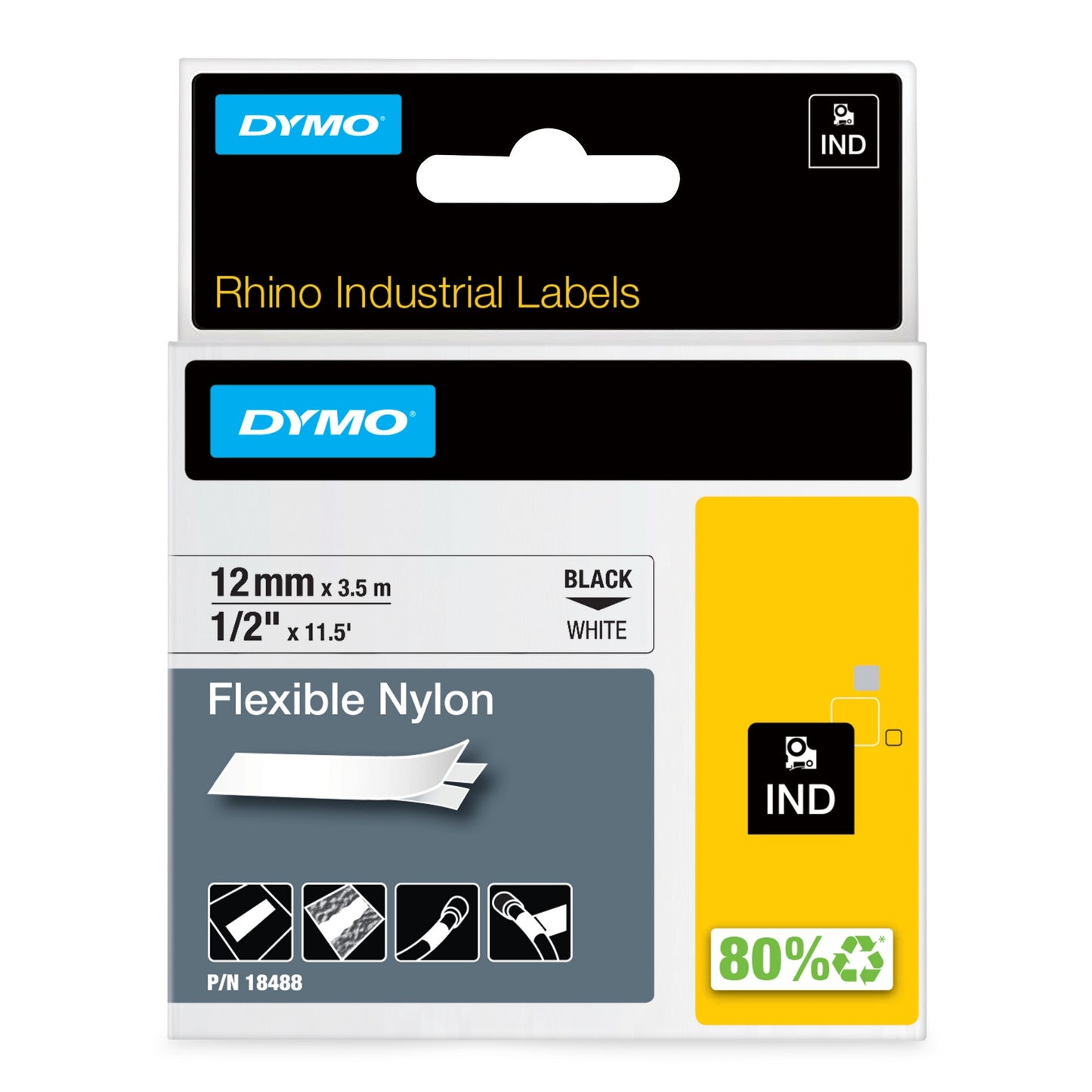 DYMO Rhino Industrial Flexible Nylon Labels | 12 mm x 3.5 m | Black Print on White |
