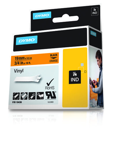 DYMO 18436/S0718500 Ribbon Vinyl black on orange 19mm x 5,5m for Dymo Rhino Labels