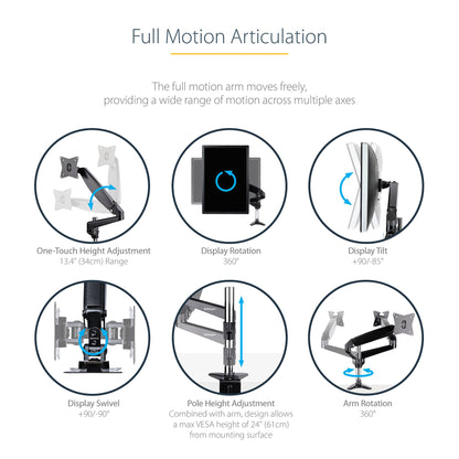 StarTech.com Desk Mount Monitor Arm for Single VESA Display up to 32" or 49"