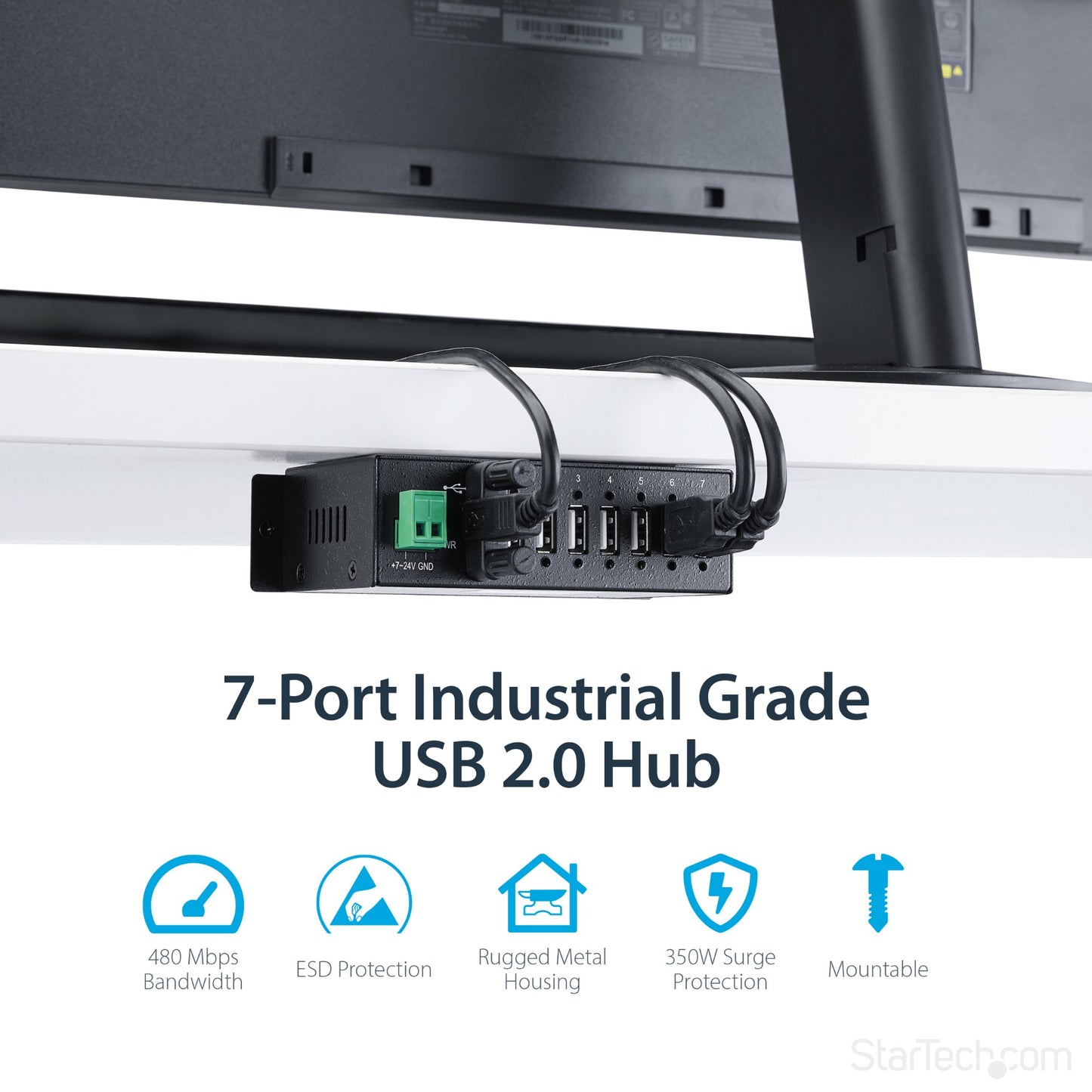StarTech.com 7-Port USB 2.0 Hub - Metal Industrial USB-A Hub with ESD Protection &