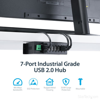 StarTech.com 7-Port USB 2.0 Hub - Metal Industrial USB-A Hub with ESD Protection &