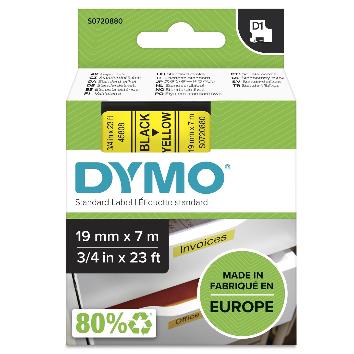 DYMO 45808/S0720880 DirectLabel-etikettes black on yellow 19mm x 7m for Dymo D1 Labels
