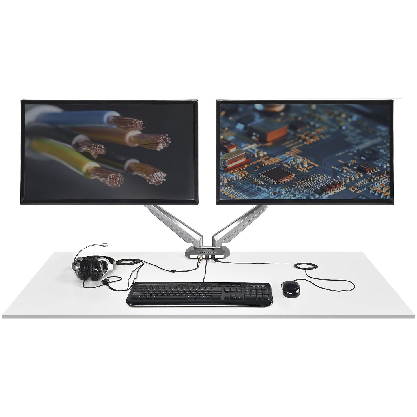 StarTech.com Desk Mount Dual Monitor Arm with USB & Audio, Desk Clamp VESA Mount for (Silver)