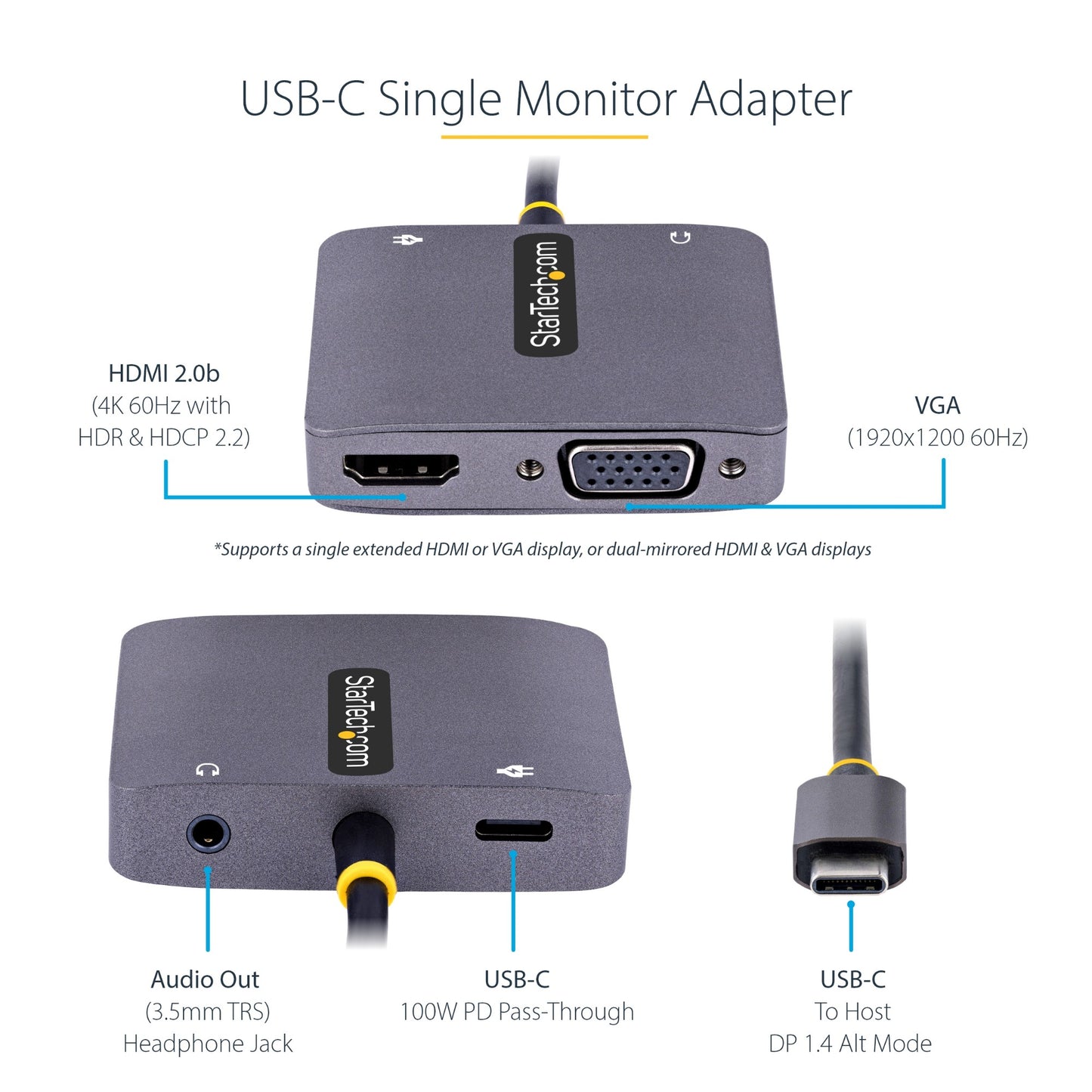 StarTech.com USB C Video Adapter, USB C to HDMI VGA Multiport Adapter, 3.5mm Audio Hub