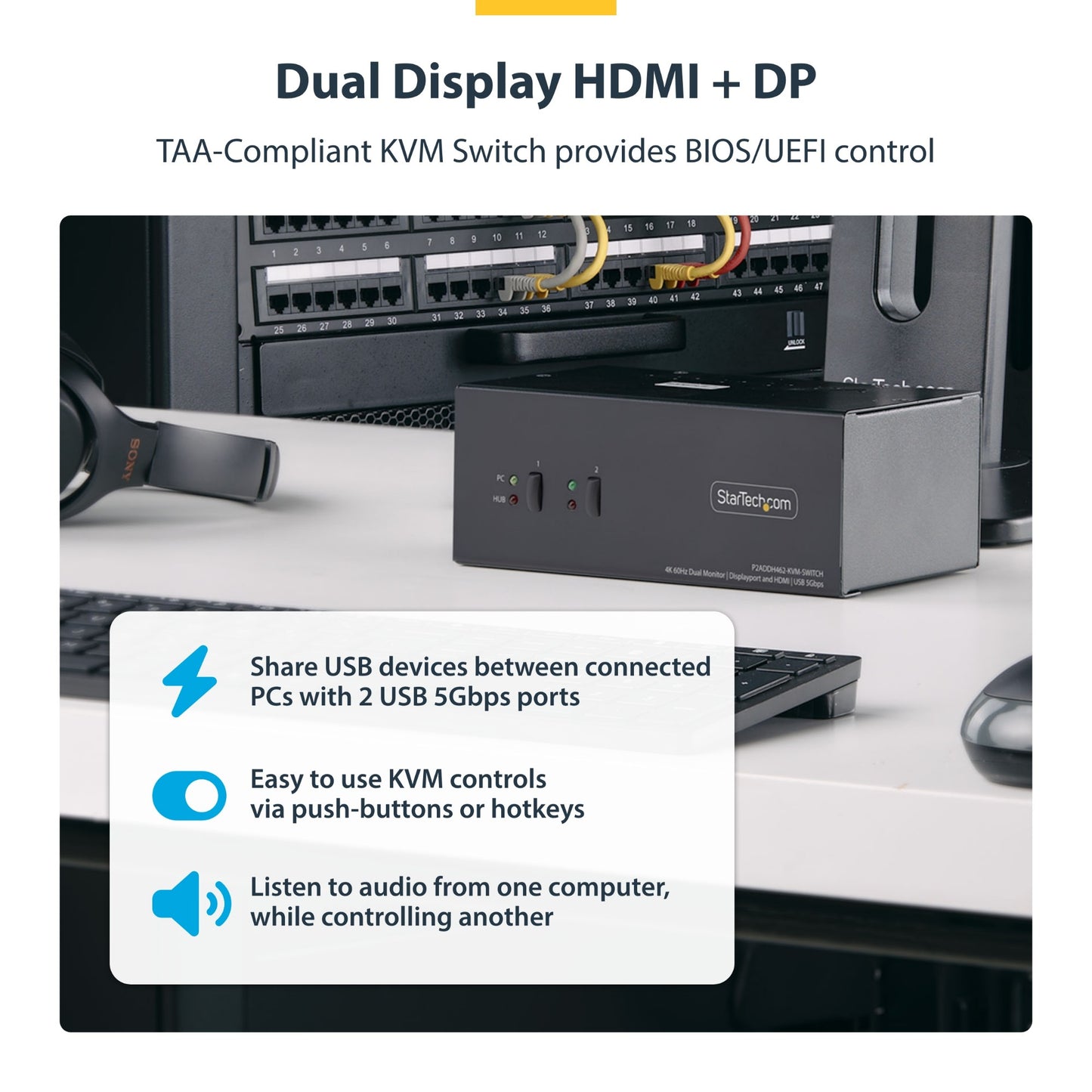 StarTech.com 2-Port Dual-Monitor DisplayPort and HDMI KVM Switch, 4K 60Hz, 1x HDMI &