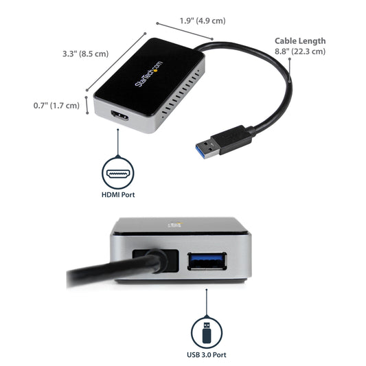 StarTech.com USB 3.0 to HDMI Adapter w/ 1x USB, USB to HDMI Monitor Converter for Hub