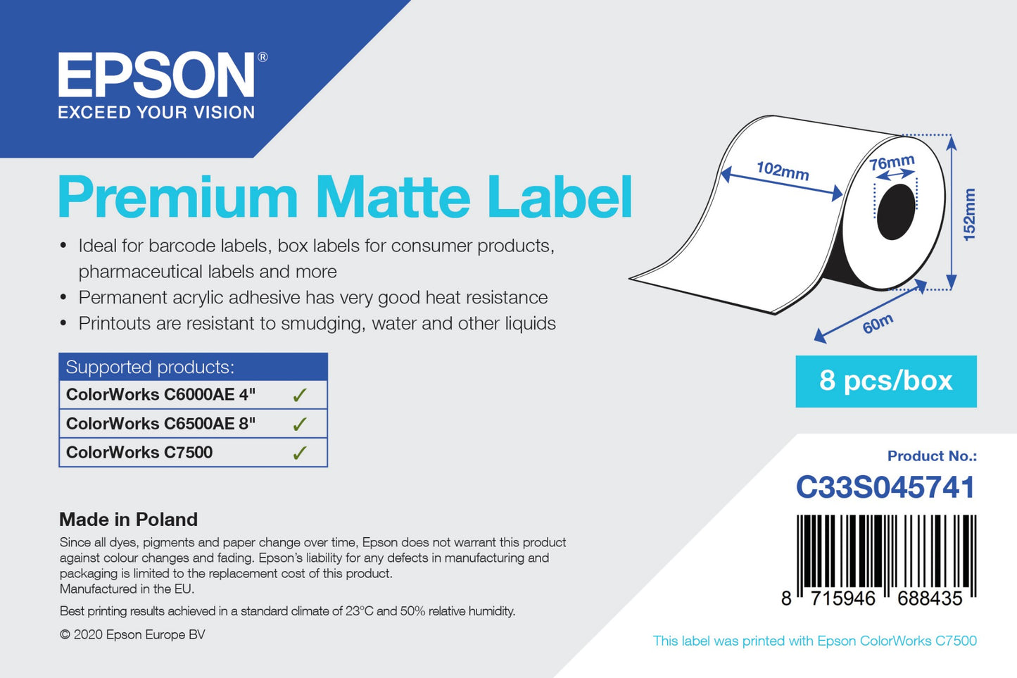 Epson Premium Matte Label - Continuous Roll: 102mm x 60m Labels
