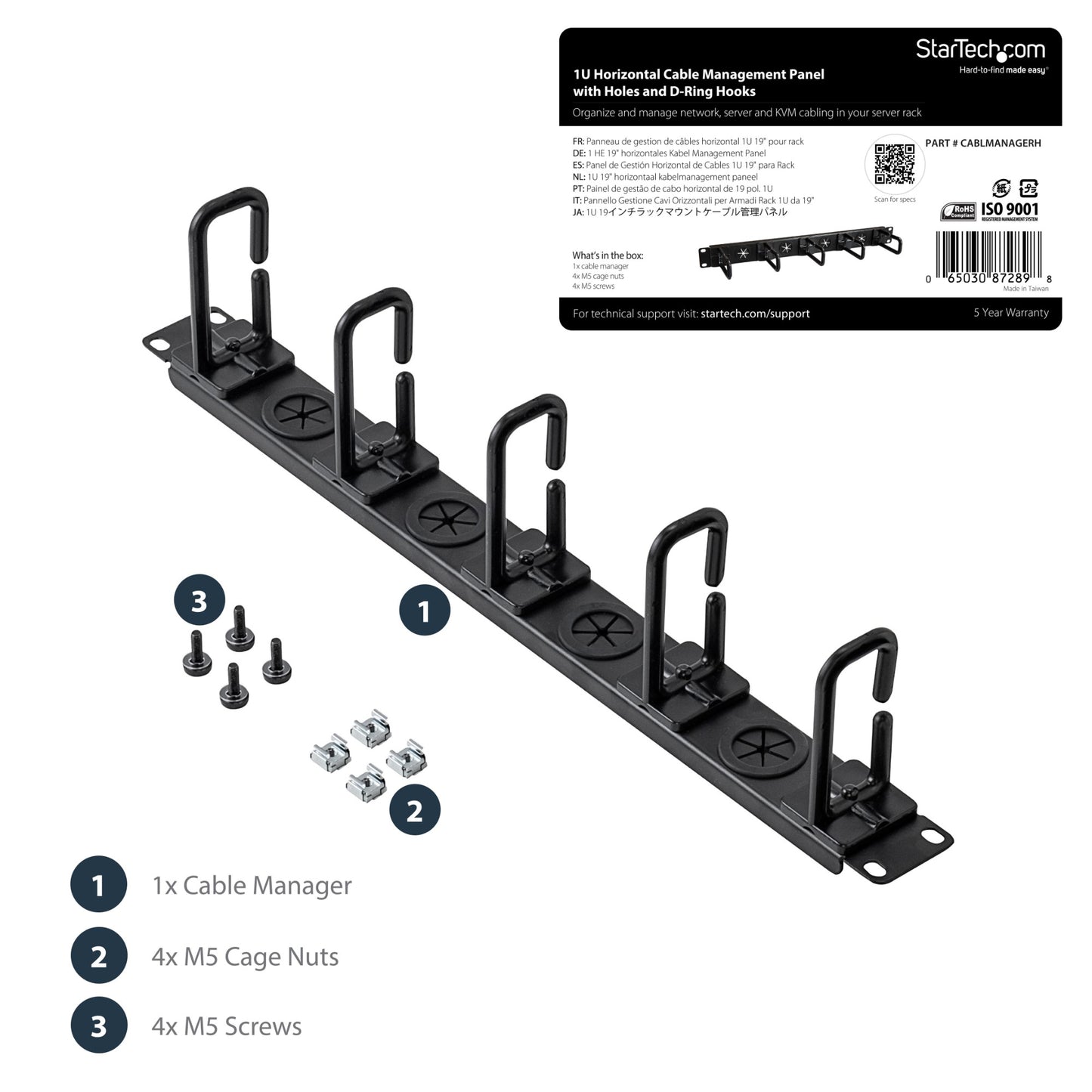 StarTech.com 1U 19" Cable Management Organizer - D Ring Hook Network/Server Rack