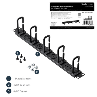 StarTech.com 1U 19" Cable Management Organizer - D Ring Hook Network/Server Rack
