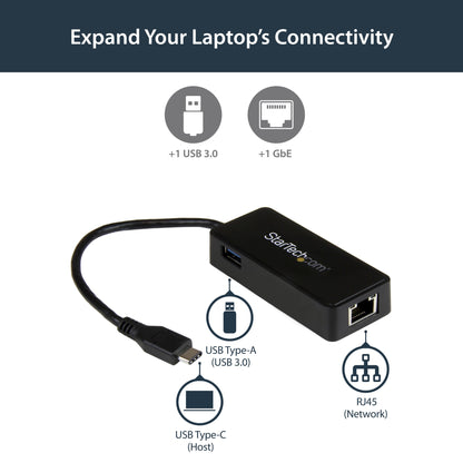 StarTech.com USB-C to Gigabit Network Adapter with Extra USB 3.0 Port - Black