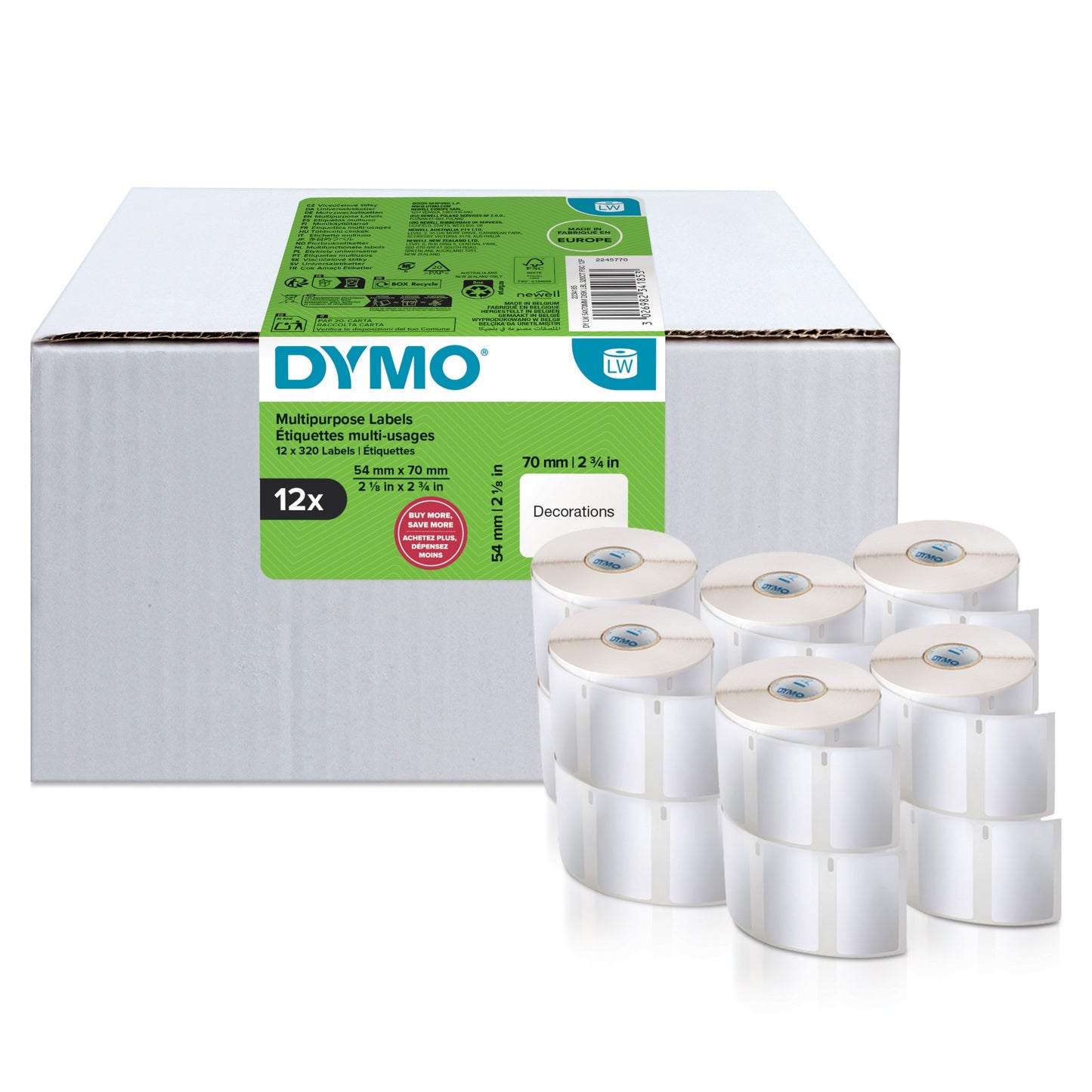 DYMO Authentic LabelWriter Multi-Purpose Labels | 54 mm x 70 mm | Self Adhesive | 12