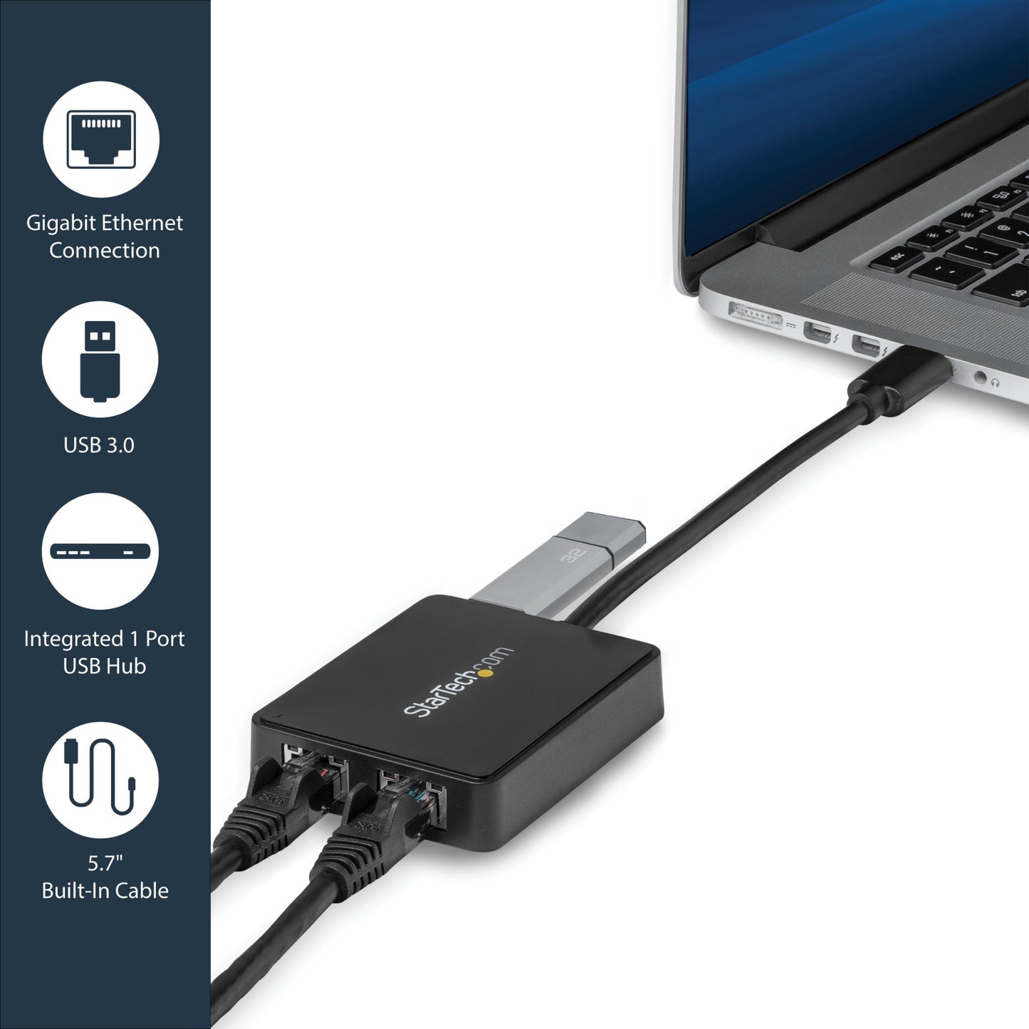 StarTech.com USB 3.0 to Dual Port Gigabit Ethernet Adapter w/ USB Port, 10/100/1000