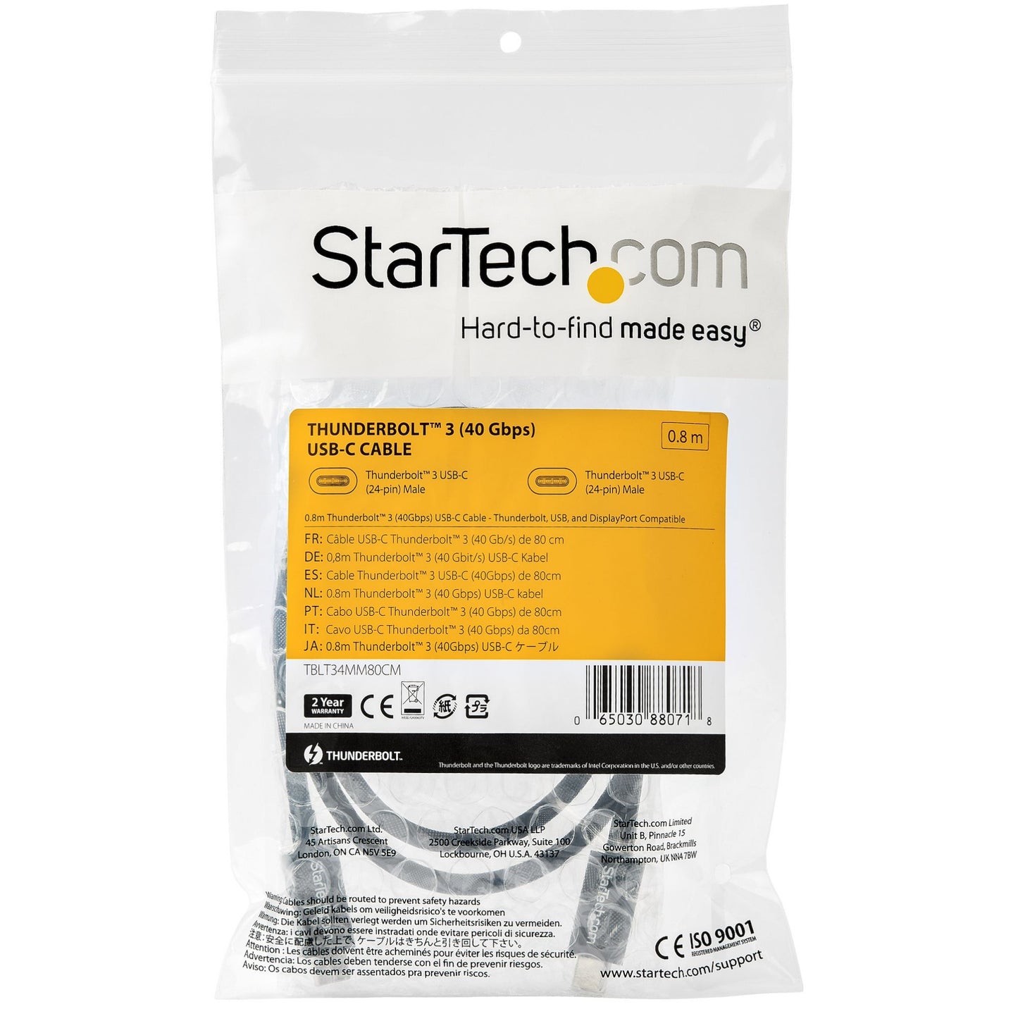 StarTech.com 2.6ft (80cm) Thunderbolt 3 Cable, 40Gbps, 100W PD, 4K/5K, Thunderbolt